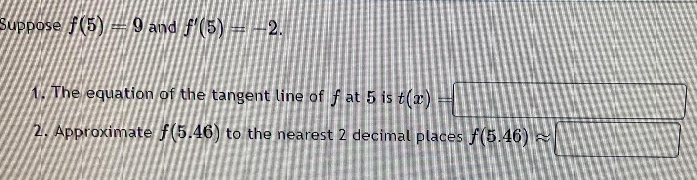 Suppose f 5 9 and f 5 2 1 The equation of the tangent line of f at 5 is t x 2 Approximate f 5 46 to the nearest 2 decimal places f 5 46 A