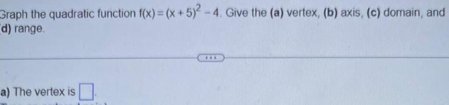 Graph the quadratic function f x x 5 4 Give the a vertex b axis c domain and d range a The vertex is