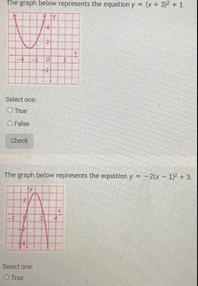 The graph below represents the equation y x 3 1 ty 4 Select one O True O False Check 2 2 2 O 2 2 Select one O True 0 The graph below represents the equation y 2 x 1 3 2 X