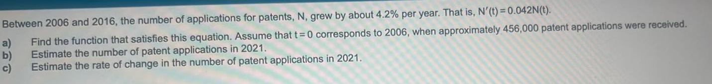 Between 2006 and 2016 the number of applications for patents N grew by about 4 2 per year That is N t 0 042N t Find the function that satisfies this equation Assume that t 0 corresponds to 2006 when approximately 456 000 patent applications were received Estimate the number of patent applications in 2021 Estimate the rate of change in the number of patent applications in 2021 a b c