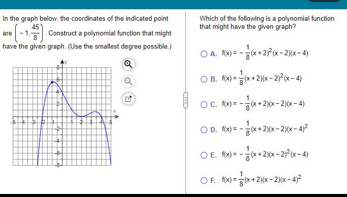 In the graph below the coordinates of the indicated point are 1 1 45 Construct a polynomial function that might have the given graph Use the smallest degree possible Q 13 R Ly Which of the following is a polynomial function that might have the given graph O A f x x 2 x 2 x 4 1 O B f x x 2 x 2 x 4 1 OC f x x 2 x 2 x 4 O D f x O E f x x 2 x 2 x 4 1 x 2 x x 2 x 2 x 4 OF f x x 2 x 2 x 4