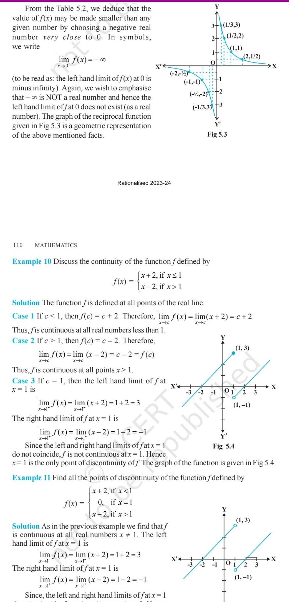 From the Table 5 2 we deduce that the value of f x may be made smaller than any given number by choosing a negative real number very close to 0 In symbols we write lim f x 0 x 0 to be read as the left hand limit of f x at 0 is minus infinity Again we wish to emphasise that is NOT a real number and hence the left hand limit of fat 0 does not exist as a real number The graph of the reciprocal function given in Fig 5 3 is a geometric representation of the above mentioned facts 110 MATHEMATICS Rationalised 2023 24 f x lim f x lim x 2 c 2 f c X C X C Thus fis continuous at all points x 1 Case 3 If c 1 then the left hand limit of fat x 1 is Example 10 Discuss the continuity of the function f defined by x 2 if x 1 x 2 if x 1 lim f x lim x 2 1 2 3 x l x l The right hand limit of fat x 1 is f x 2 2 lim f x lim x 2 1 2 1 x 1 x 1 1 1 2 2 lim f x lim x 2 1 2 3 x 1 The right hand limit of fat x 1 is lim f x lim x 2 1 2 1 x 1 x 1 Since the left and right hand limits of fat x 1 Solution The function fis defined at all points of the real line Case 1 If c 1 then f c c 2 Therefore lim f x lim x 2 c 2 x c Thus fis continuous at all real numbers less than 1 Case 2 If c 1 then f c c 2 Therefore 3 1 3 3 2 1 2 2 1 1 1 3 3 Y X C 1 O X 1 2 3 Y Fig 5 3 ERT publiced 2 1 2 Example 11 Find all the points of discontinuity of the function f defined by x 2 if x 1 0 if x 1 x 2 if x 1 Solution As in the previous example we find that f is continuous at all real numbers x 1 The left hand limit of fat x 1 is 1 3 Since the left and right hand limits of fat x 1 do not coincide f is not continuous at x 1 Hence Fig 5 4 x 1 is the only point of discontinuity off The graph of the function is given in Fig 5 4 2 1 1 1 O 3 1 3 X 1 O 1 1 X F X 2 3