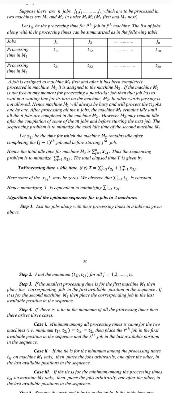 Suppose there are n jobs J1J2Jn which are to be processed in two machines say M and M in order M M M first and M next Let tij be the processing time for ith job in jih machine The list of jobs along with their processing times can be summarized as in the following table Jobs Processing time in M Processing time in M J t11 t21 J t12 above t22 Let x2j be the time for which the machine M remains idle after completing the j 1 th job and before starting jth job A job is assigned to machine My first and after it has been completely processed in machine M it is assigned to the machine M If the machine M is not free at any moment for processing a particular job then that job has to wait in a waiting line for its turn on the machine M In other words passing is not allowed Hence machine My will always be busy and will process the n jobs one by one After processing all the n jobs the machine My remains idle until all the n jobs are completed in the machine M However M may remain idle after the completion of some of the m jobs and before starting the next job The sequencing problem is to minimize the total idle time of the second machine M Jn tin 32 tzn Hence the total idle time for machine M is E 1X2j Thus the sequencing problem is to minimize E1 X2 The total elapsed time T is given by T Processing time idle time i e T Ej 1t2j j 1 X2j Here some of the x2 may be zeros We observe that E 1 t2 is constant Hence minimizing T is equivalent to minimizing j1 X2j Algorithm to find the optimum sequence for n jobs in 2 machines Step 1 List the jobs along with their processing times in a table as given Step 2 Find the minimum tij t2j for all j 1 2 n Step 3 If the smallest processing time is for the first machine M then place the corresponding job in the first available position in the sequence If it is for the second machine M then place the corresponding job in the last available position in the sequence Step 4 If there is a tie in the minimum of all the processing times then there arises three cases Case i Minimum among all processing times is same for the two machines i e minimum t j t2j t t2s then place the rth job in the first available position in the sequence and the sth job in the last available position in the sequence Case ii If the tie is for the minimum among the processing times tij on machine M only then place the jobs arbitrarily one after the other in the last available positions in the sequence Case iii If the tie is for the minimum among the processing times t2j on machine M only then place the jobs arbitrarily one after the other in the last available positions in the sequence Stan 5 Remove the assigned jobs from the table If the table becomes