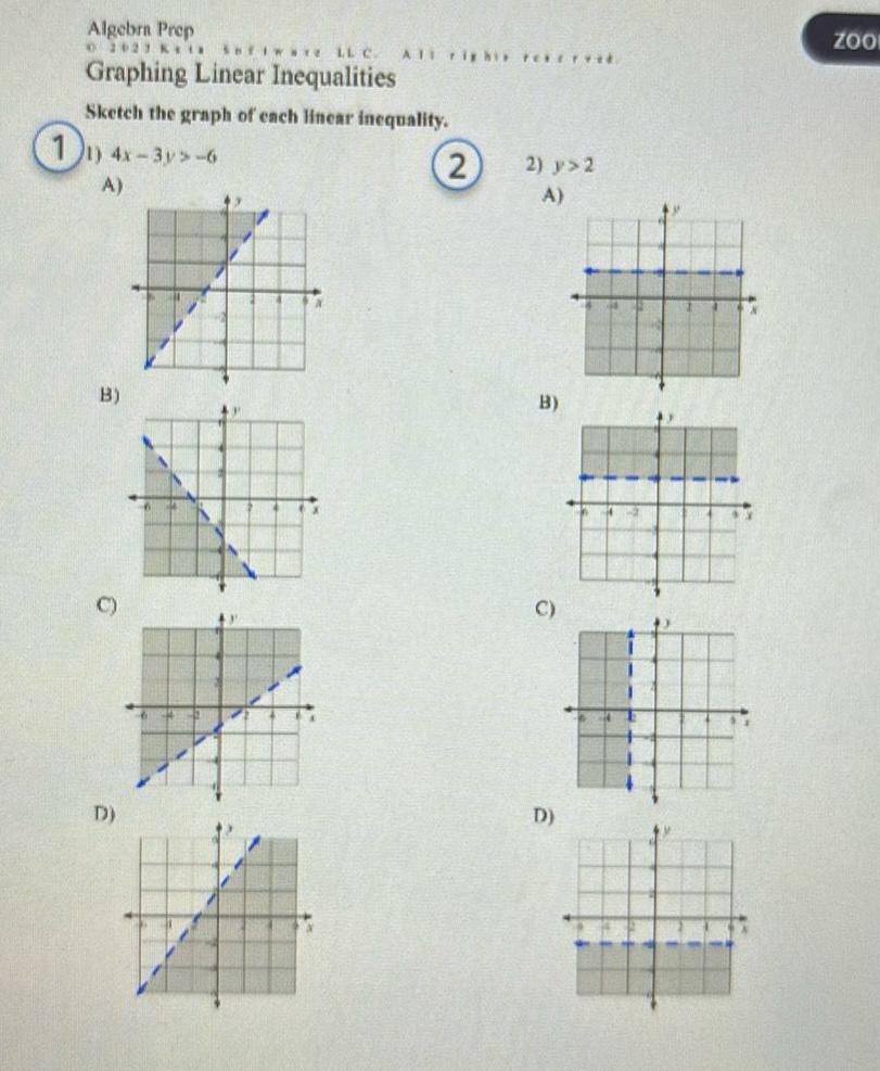 1 Algebra Prep 2023 Kia Software LLC ATT right re Graphing Linear Inequalities Sketch the graph of each linear inequality 4x 3y 6 A B D 2 2 y 2 A B C D D X ZOOL