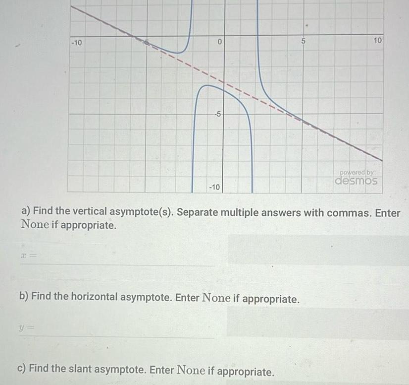 2 10 O y 5 10 b Find the horizontal asymptote Enter None if appropriate a Find the vertical asymptote s Separate multiple answers with commas Enter None if appropriate 10 c Find the slant asymptote Enter None if appropriate 10 powered by desmos