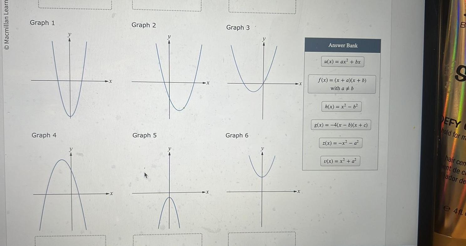 O Macmillan Learn Graph 1 Graph 4 Graph 2 Graph 5 Graph 3 Graph 6 Answer Bank u x ax bx f x x a x b with a b h x x b g x 4 x b x c z x x a v x x a m B S DEFY hold for m hair cem ent de ch ador de e 4fl c