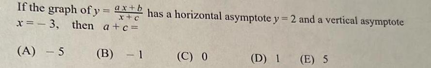 If the graph of y ax b x c x 3 then a c A 5 B 1 1 has a horizontal asymptote y 2 and a vertical asymptote C 0 D 1 E 5