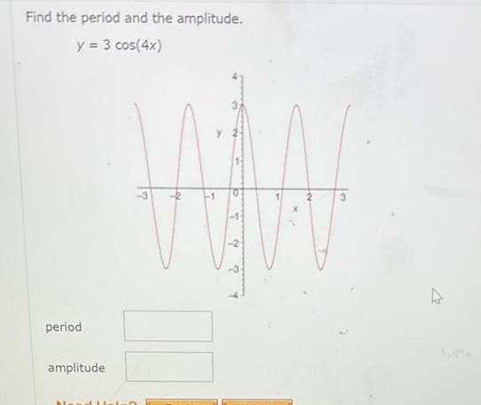 Find the period and the amplitude y 3 cos 4x period amplitude WW 3