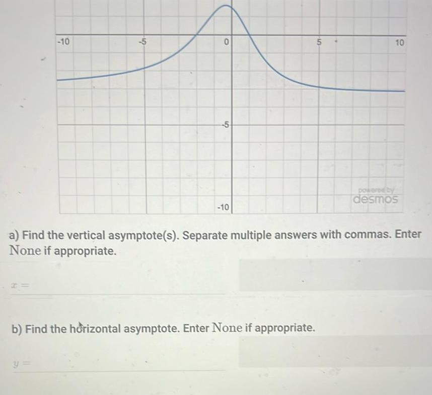 10 5 0 5 10 5 10 b Find the horizontal asymptote Enter None if appropriate powered by desmos a Find the vertical asymptote s Separate multiple answers with commas Enter None if appropriate