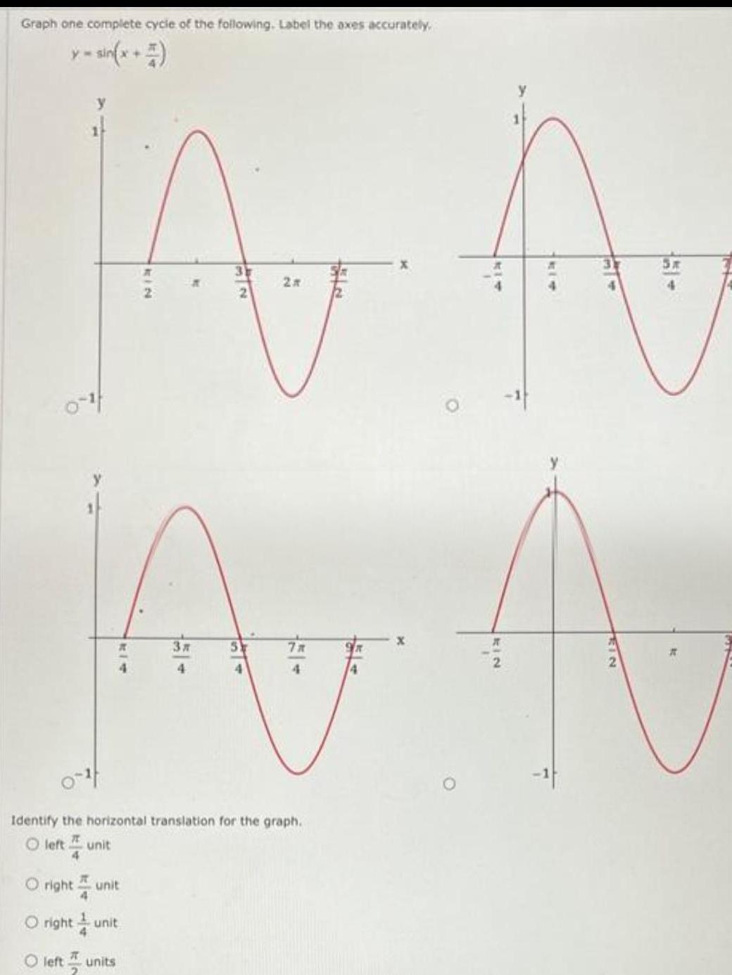 Graph one complete cycle of the following Label the axes accurately A A M A 3 7x 4 4 4 0 4 right unit O right unit O left units Identify the horizontal translation for the graph I Oleft unit 4 KIN EIN