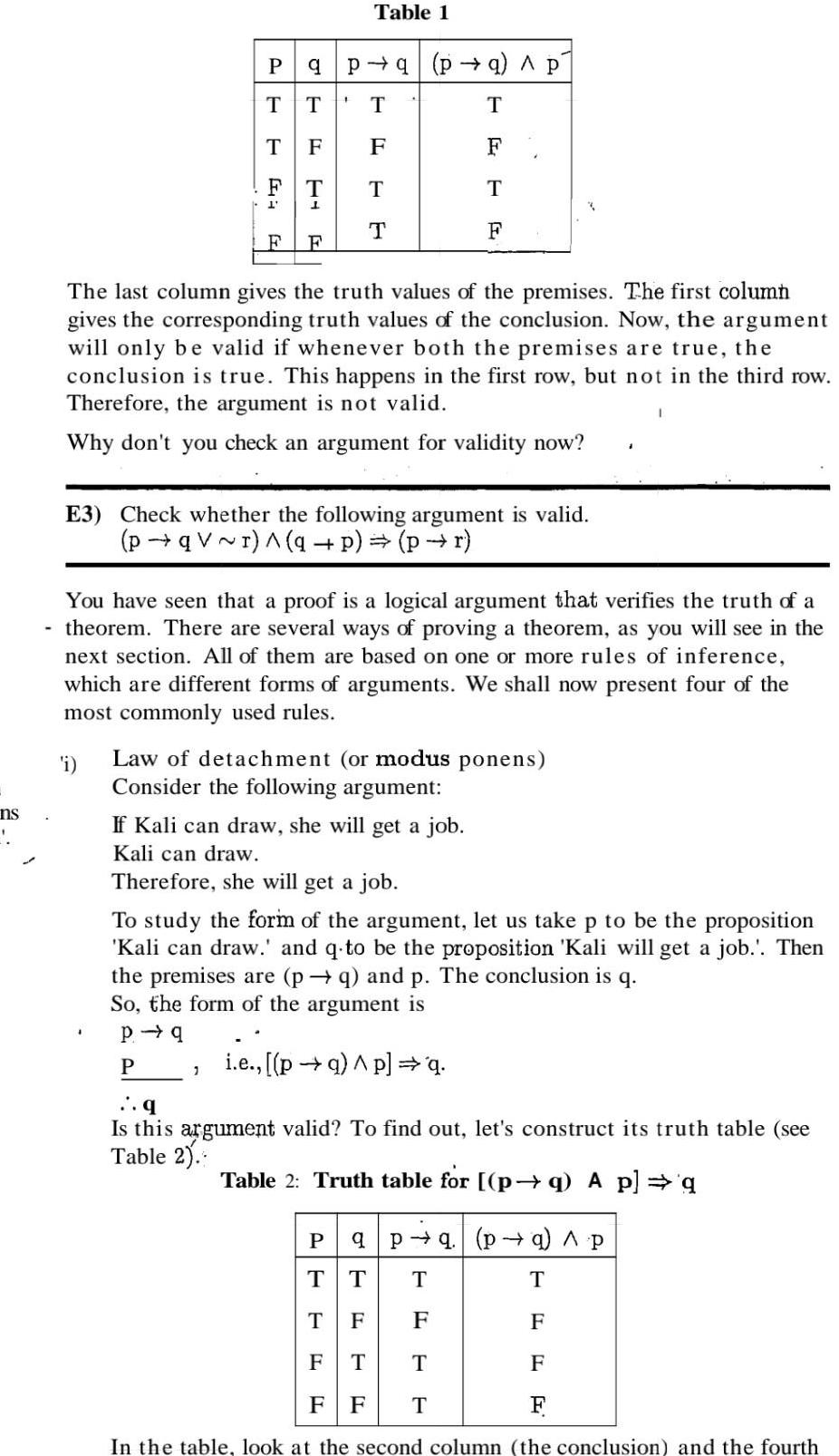 ns 1 P i T TTT F T 1 F Table 1 qpq p a A p T F T F F F 1 The last column gives the truth values of the premises The first column gives the corresponding truth values of the conclusion Now the argument will only be valid if whenever both the premises are true the conclusion is true This happens in the first row but not in the third row Therefore the argument is not valid Why don t you check an argument for validity now F T T E3 Check whether the following argument is valid pqV r q p pr You have seen that a proof is a logical argument that verifies the truth of a theorem There are several ways of proving a theorem as you will see in the next section All of them are based on one or more rules of inference which are different forms of arguments We shall now present four of the most commonly used rules Law of detachment or modus ponens Consider the following argument If Kali can draw she will get a job Kali can draw Therefore she will get a job To study the form of the argument let us take p to be the proposition Kali can draw and q to be the proposition Kali will get a job Then the premises are pq and p The conclusion is q So the form of the argument is P q P q Is this argument valid To find out let s construct its truth table see Table 2 Table 2 Truth table for p q A p q i e pq Ap q I P q P q pa p T T T T F F F T F F F T F In the table look at the second column the conclusion and the fourth T F CL