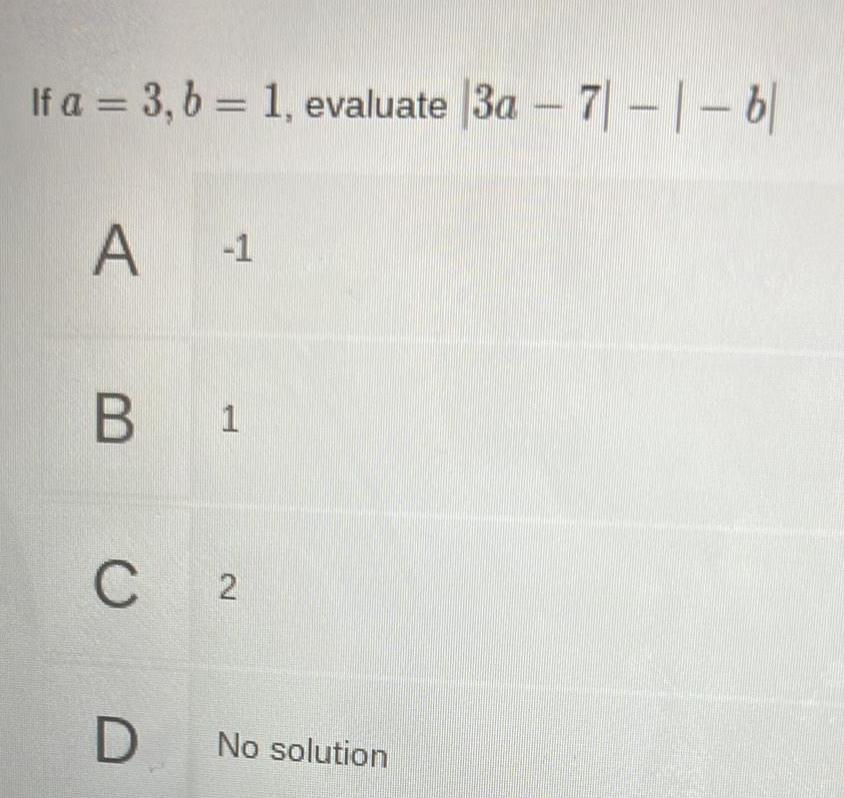 If a 3 b 1 evaluate 3a 7 bl A 1 B 1 C 2 D No solution