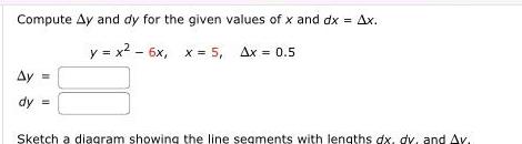 Compute Ay and dy for the given values of x and dx Ax y x 6x x 5 Ax 0 5 Ay dy Sketch a diagram showing the line segments with lengths dx dy and Av