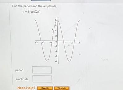 Find the period and the amplitude y 8 cos 2x period amplitude 00 Need Help Read 2 Watch