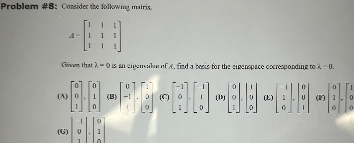 Problem 8 Consider the following matrix Given that 0 is an eigenvalue of A find a basis for the eigenspace corresponding to 0 00 00 00 00 00 06 D A G AB B