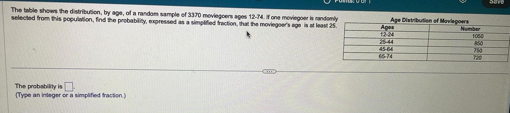 The table shows the distribution by age of a random sample of 3370 moviegoers ages 12 74 If one moviegoer is randomly selected from this population find the probability expressed as a simplified fraction that the moviegoer s age is at least 25 The probability is Type an integer or a simplified fraction Age Distribution of Moviegoers Ages 12 24 25 44 45 64 65 74 Number 1050 850 750 720 Save