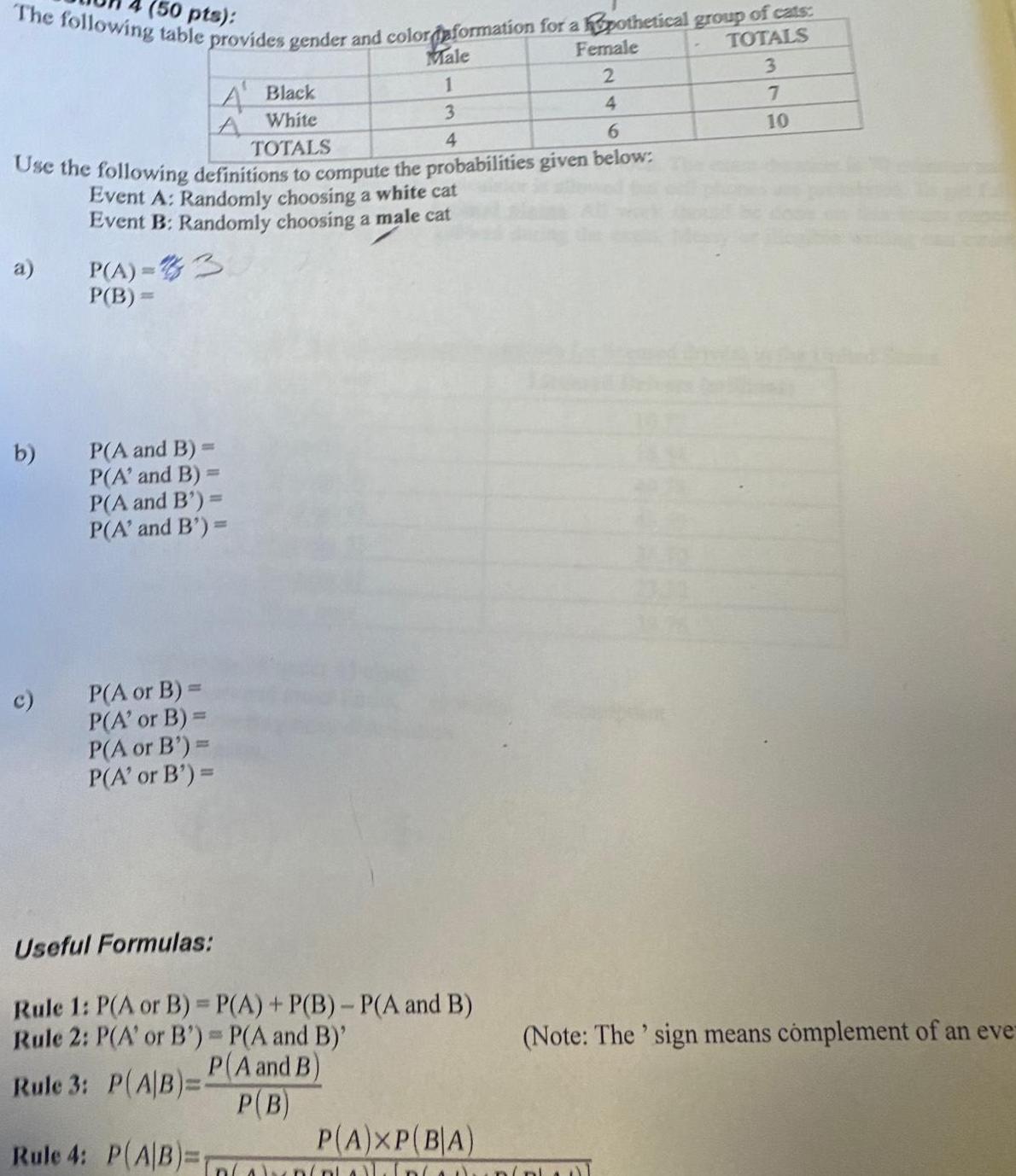 50 pts The following table provides gender and color information for a hypothetical group of cats TOTALS 3 Male Female 1 2 3 4 TOTALS 4 6 Use the following definitions to compute the probabilities given below Event A Randomly choosing a white cat Event B Randomly choosing a male cat a b c A Black A White P A 3 P B P A and B P A and B P A and B P A and B P A or B P A or B P A or B P A or B Useful Formulas Rule 1 P A or B P A P B P A and B Rule 2 P A or B P A and B P A and B Rule 3 P A B P B Rule 4 P A B P A XP BA 7 10 Note The sign means complement of an eve