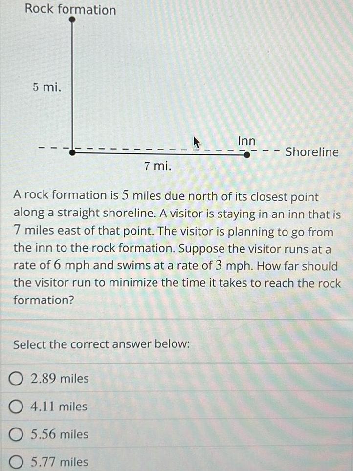 Rock formation 5 mi Select the correct answer below 2 89 miles 4 11 miles 7 mi A rock formation is 5 miles due north of its closest point along a straight shoreline A visitor is staying in an inn that is 7 miles east of that point The visitor is planning to go from the inn to the rock formation Suppose the visitor runs at a rate of 6 mph and swims at a rate of 3 mph How far should the visitor run to minimize the time it takes to reach the rock formation 5 56 miles 5 77 miles Inn Shoreline