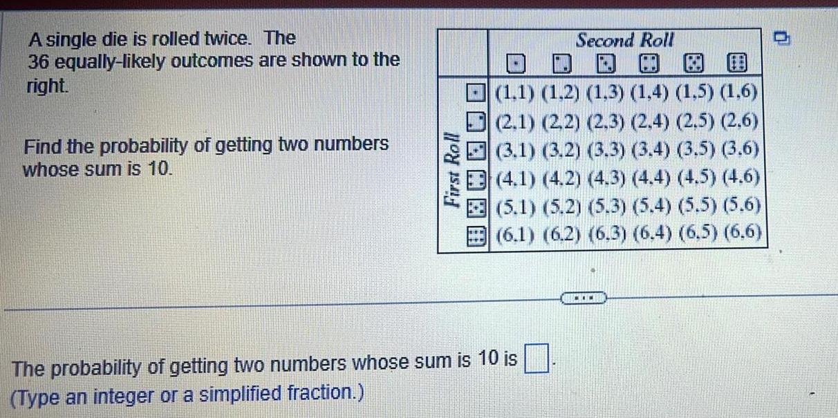 A single die is rolled twice The 36 equally likely outcomes are shown to the right Find the probability of getting two numbers whose sum is 10 First Roll DAAAAA Second Roll DDO 1 1 1 2 1 3 1 4 1 5 1 6 2 1 2 2 2 3 2 4 2 5 2 6 3 1 3 2 3 3 3 4 3 5 3 6 4 1 4 2 4 3 4 4 4 5 4 6 5 1 5 2 5 3 5 4 5 5 5 6 6 1 6 2 6 3 6 4 6 5 6 6 The probability of getting two numbers whose sum is 10 is Type an integer or a simplified fraction I