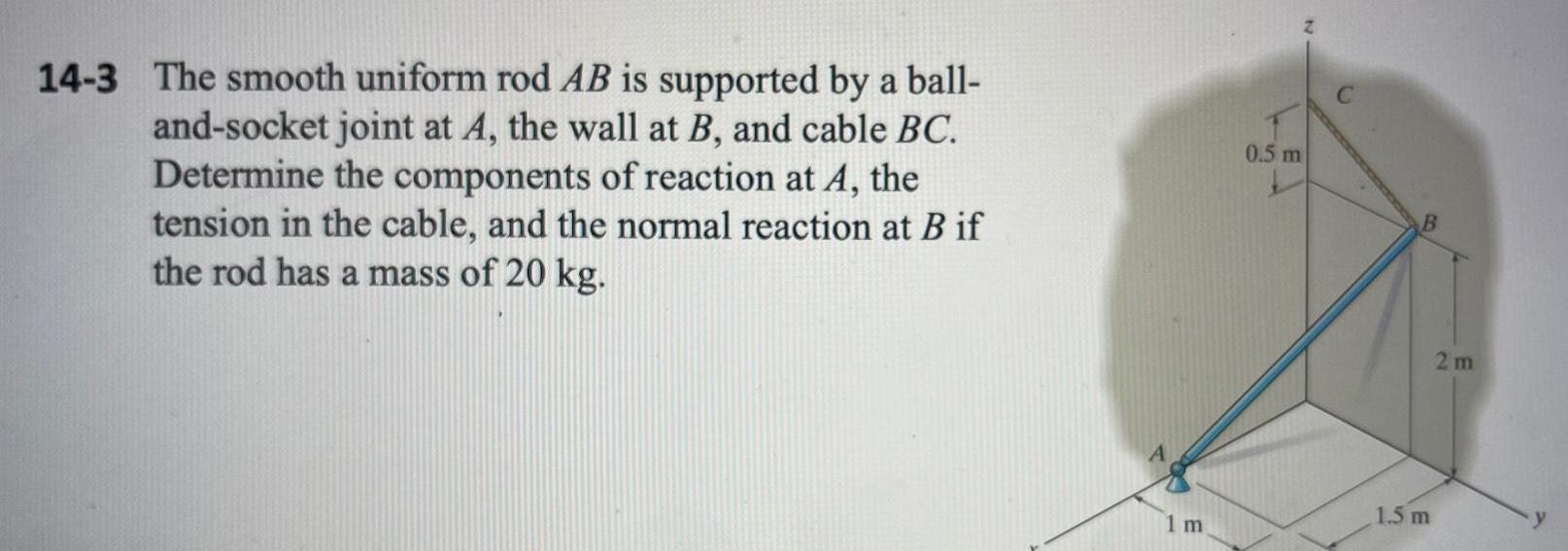 14 3 The smooth uniform rod AB is supported by a ball and socket joint at A the wall at B and cable BC Determine the components of reaction at A the tension in the cable and the normal reaction at B if the rod has a mass of 20 kg 1 m 0 5 m B 1 5 m 2m y