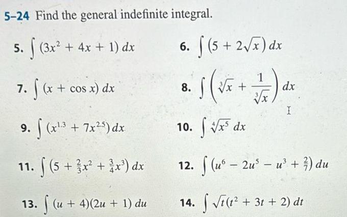 5 24 Find the general indefinite integral 5 f 3x 4x 1 dx 7 f x cos x dx 9 f x 7x 5 dx 11 5 3x x dx 13 u 4 2u 1 du 6 f 5 2 x dx x 10 x dx 12 u 2u u du 14 1 31 2 dt 8 x dx I