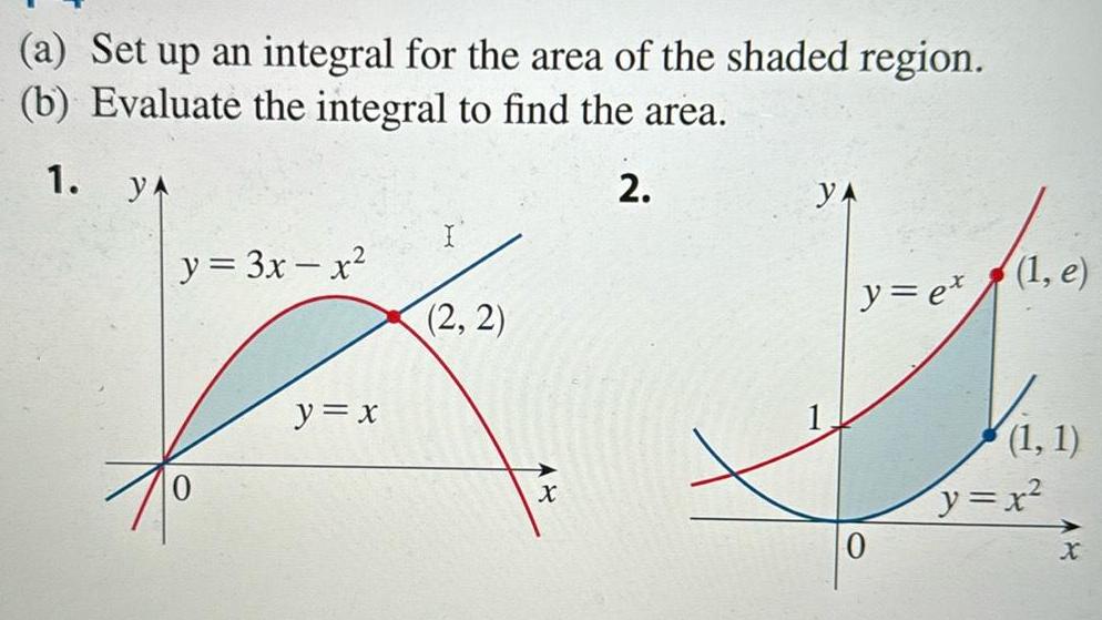 a Set up an integral for the area of the shaded region b Evaluate the integral to find the area 1 ya 2 y 3x x y x 2 2 X YA y ex O 1 e 1 1 y x x