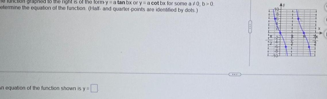 Tunction graphed to the right is of the form y a tan bx or y a cot bx for some a 0 b 0 etermine the equation of the function Half and quarter points are identified by dots an equation of the function shown is y Ay IN