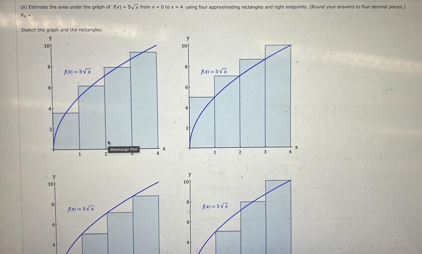 a Estimate the area under the graph of f x 5 x from x 0 to x 4 using four approximating rectangles and right endpoints Round your answers to four decimal places R4 Sketch the graph and the rectangles y 10 8 6 2 y 10 8 6 4 f x 5 x 1 f x 5 x WebAssign Plot 4 y 10 8 2 f x 5 x 1 2 3 y 10 8 f x 5 x At 6 X