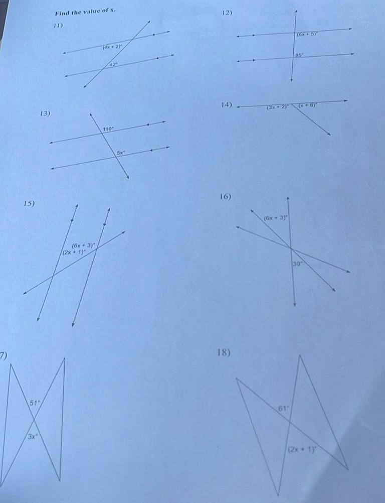 15 13 51 Find the value of x 6x 3 4x2 2x 1 110 6x 12 16 18 6x 5 3x 2 x 6 6x 3 85 f 61 30 2x 1