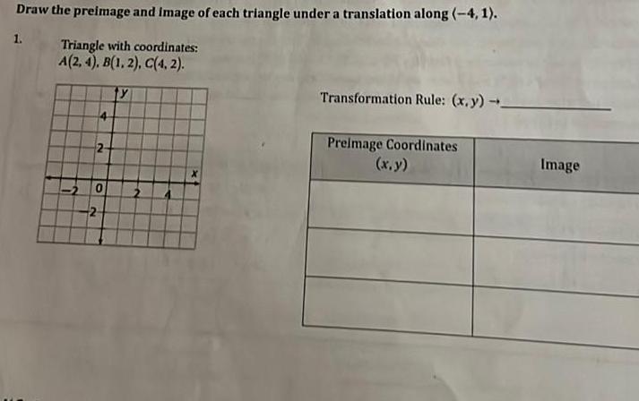 Draw the preimage and image of each triangle under a translation along 4 1 1 Triangle with coordinates A 2 4 B 1 2 C 4 2 y 4 2 0 2 Transformation Rule x y Preimage Coordinates x y Image