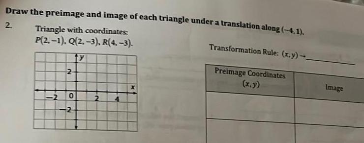 Draw the preimage and image of each triangle under a translation along 4 1 2 Triangle with coordinates P 2 1 Q 2 3 R 4 3 ty 2 2 0 2 2 Transformation Rule x y Preimage Coordinates Image