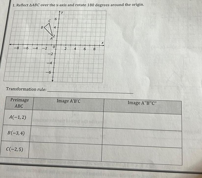 1 Reflect AABC over the x axis and rotate 180 degrees around the origin ty 8 6 4 2 Transformation rule Preimage ABC A 1 2 B B 3 4 C 2 5 N 4 6 6 4 2 0 O VAL 2 4 Image A B C 6 8 x1 X Image A B C