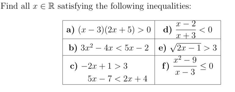 Find all x ER satisfying the following inequalities X a x 3 2x 5 0 b 3x 4x 5x2 c 2x 1 3 5x7 2x 4 2 x 3 e 2x 1 3 9 x x 3 0 d f X 0