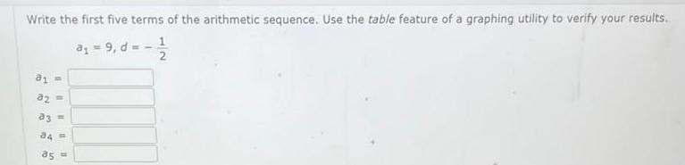 Write the first five terms of the arithmetic sequence Use the table feature of a graphing utility to verify your results a 9 d 1 12 a1 32 a3 34 35