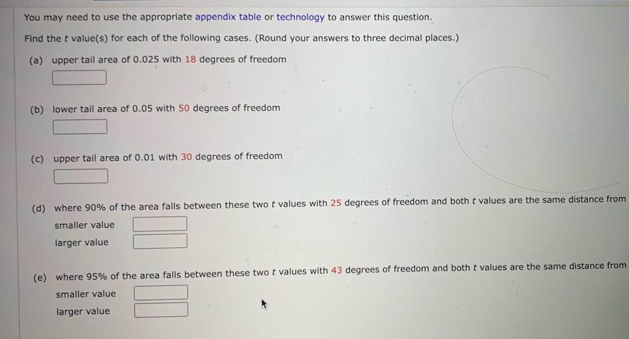 You may need to use the appropriate appendix table or technology to answer this question Find the t value s for each of the following cases Round your answers to three decimal places a upper tail area of 0 025 with 18 degrees of freedom b lower tail area of 0 05 with 50 degrees of freedom c upper tail area of 0 01 with 30 degrees of freedom d where 90 of the area falls between these two t values with 25 degrees of freedom and both t values are the same distance from smaller value larger value e where 95 of the area falls between these two t values with 43 degrees of freedom and both t values are the same distance from smaller value larger value