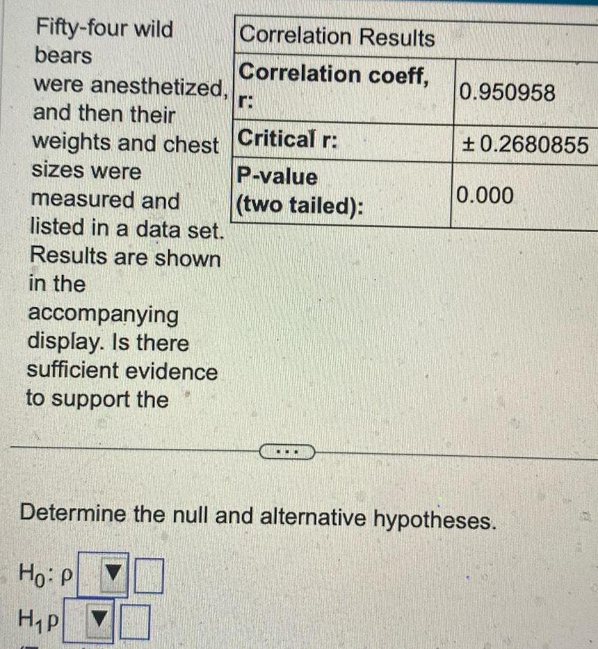 Fifty four wild bears were anesthetized and then their weights and chest sizes were measured and listed in a data set Results are shown in the accompanying display Is there sufficient evidence to support the Correlation Results Correlation coeff r Critical r P value two tailed 0 950958 0 2680855 0 000 Determine the null and alternative hypotheses Ho P H P