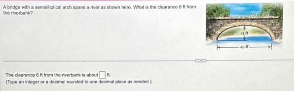 A bridge with a semielliptical arch spans a river as shown here What is the clearance 6 ft from the riverbank The clearance 6 ft from the riverbank is about ft Type an integer or a decimal rounded to one decimal place as needed GIES 14 ft