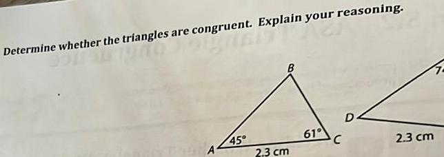 Determine whether the triangles are congruent Explain your reasoning congrene papan you A 45 2 3 cm 61 C D 2 3 cm