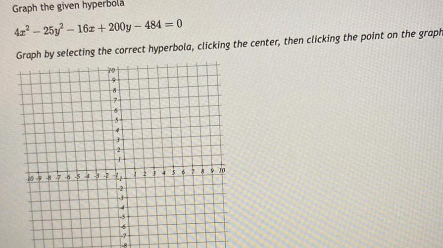 Graph the given hyperbola 4x 25y 16x 200y 484 0 Graph by selecting the correct hyperbola clicking the center then clicking the point on the graph 10 9 8 7 6 5 4 3 10 9 8 for 7 6 No 4 4 2 3 5676 5 8 9 10