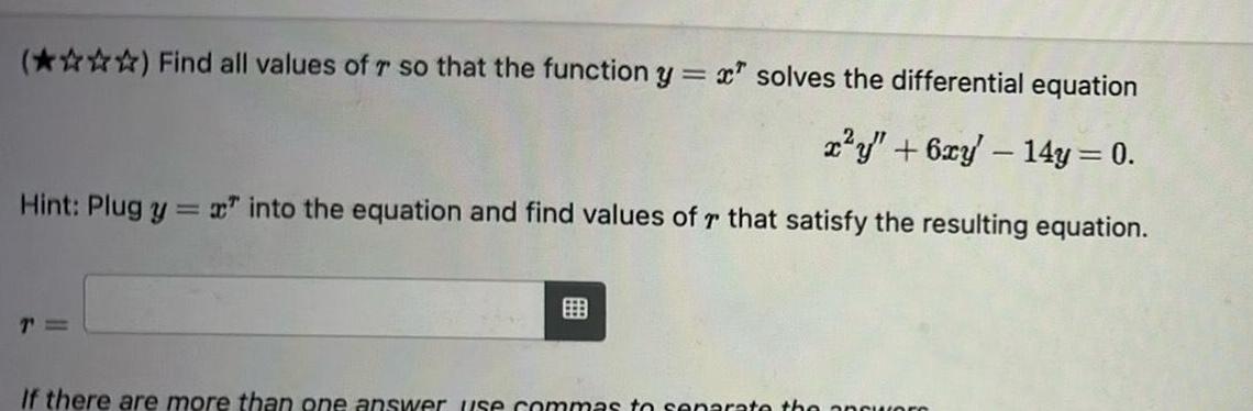 Find all values of r so that the function y x solves the differential equation x y 6xy 14y 0 into the equation and find values of r that satisfy the resulting equation Hint Plug y T If there are more than one answer use commas to separate the answere