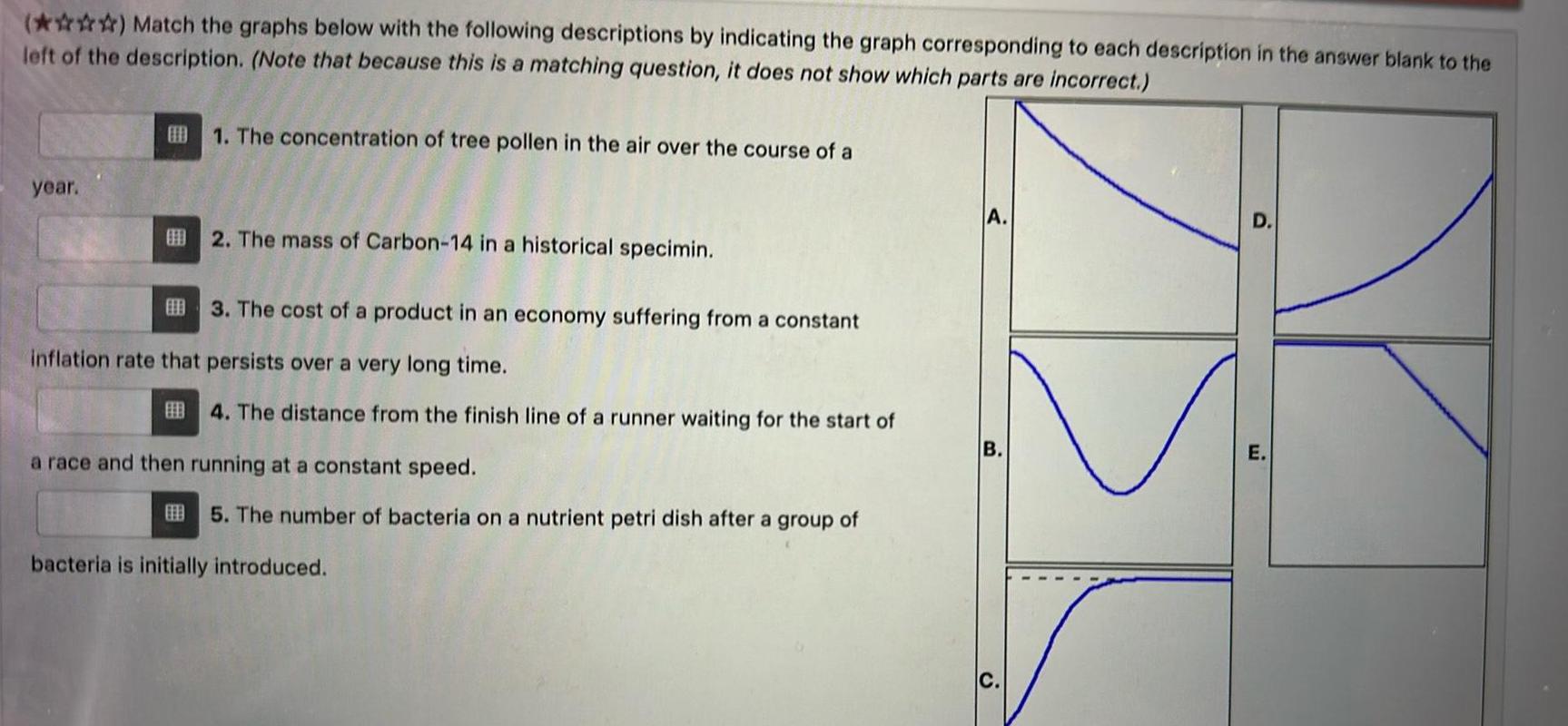 Match the graphs below with the following descriptions by indicating the graph corresponding to each description in the answer blank to the left of the description Note that because this is a matching question it does not show which parts are incorrect year 1 The concentration of tree pollen in the air over the course of a 2 The mass of Carbon 14 in a historical specimin 3 The cost of a product in an economy suffering from a constant inflation rate that persists over a very long time 4 The distance from the finish line of a ru a race and then running at a constant speed waiting for the start of 5 The number of bacteria on a nutrient petri dish after a group of bacteria is initially introduced A E