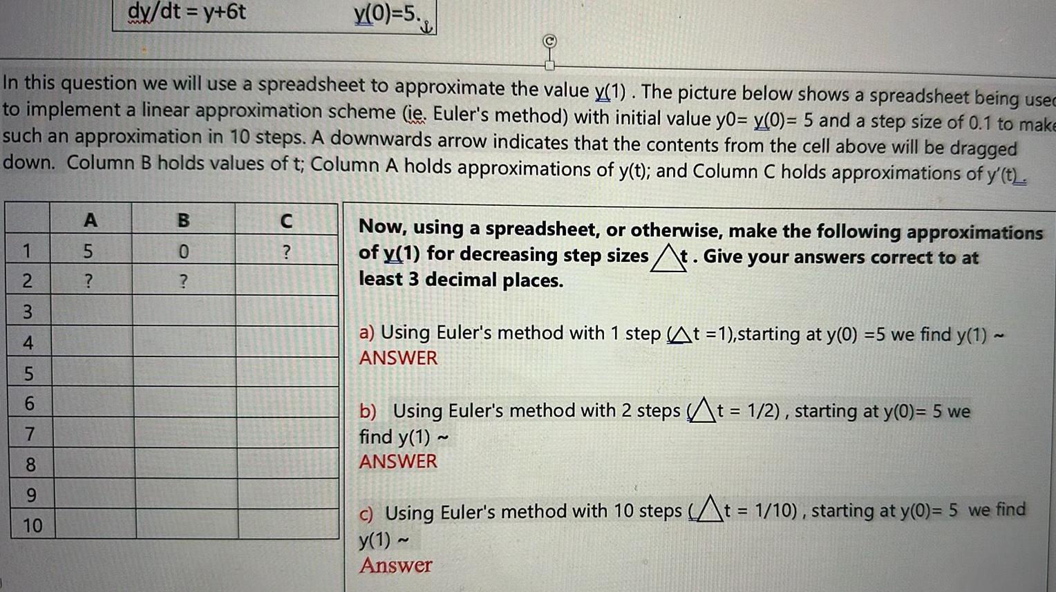 1 In this question we will use a spreadsheet to approximate the value y 1 The picture below shows a spreadsheet being usec to implement a linear approximation scheme ie Euler s method with initial value y0 y 0 5 and a step size of 0 1 to make such an approximation in 10 steps A downwards arrow indicates that the contents from the cell above will be dragged down Column B holds values of t Column A holds approximations of y t and Column C holds approximations of y t 234 56 789 10 dy dt y 6t A 5 B 0 y 0 5 C Now using a spreadsheet or otherwise make the following approximations of y 1 for decreasing step sizes At Give your answers correct to at least 3 decimal places a Using Euler s method with 1 step t 1 starting at y 0 5 we find y 1 ANSWER b Using Euler s method with 2 steps t 1 2 starting at y 0 5 we find y 1 ANSWER c Using Euler s method with 10 steps t 1 10 starting at y 0 5 we find y 1 Answer