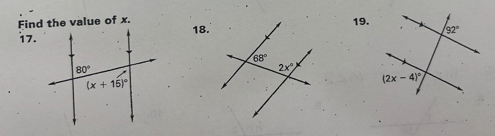 Find the value of x 17 80 x 15 18 farf 68 2x 19 2x 4 92