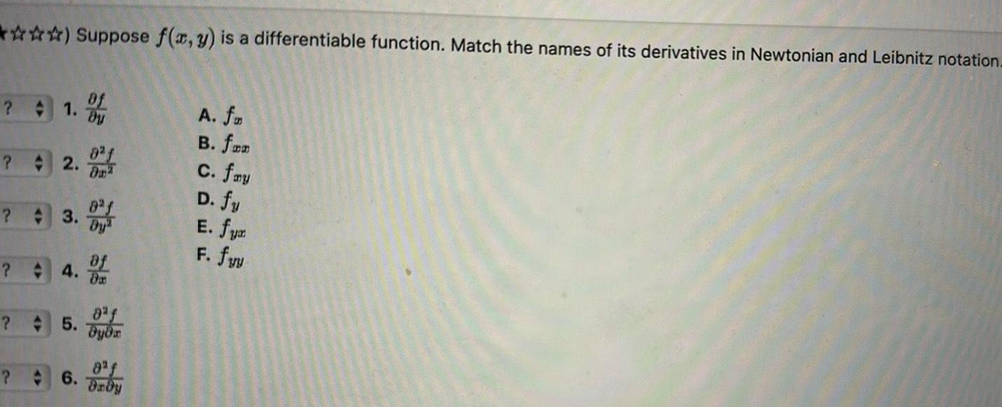 Suppose f x y is a differentiable function Match the names of its derivatives in Newtonian and Leibnitz notation 1 2 3 4 5 of By of Da dyda 6 Drby A fm B fan c fry D fy E fym F fu