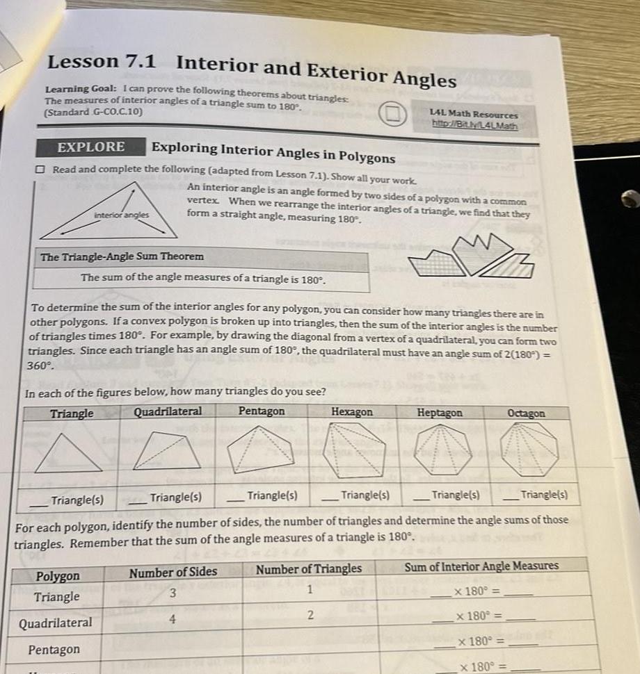 Lesson 7 1 Interior and Exterior Angles Learning Goal I can