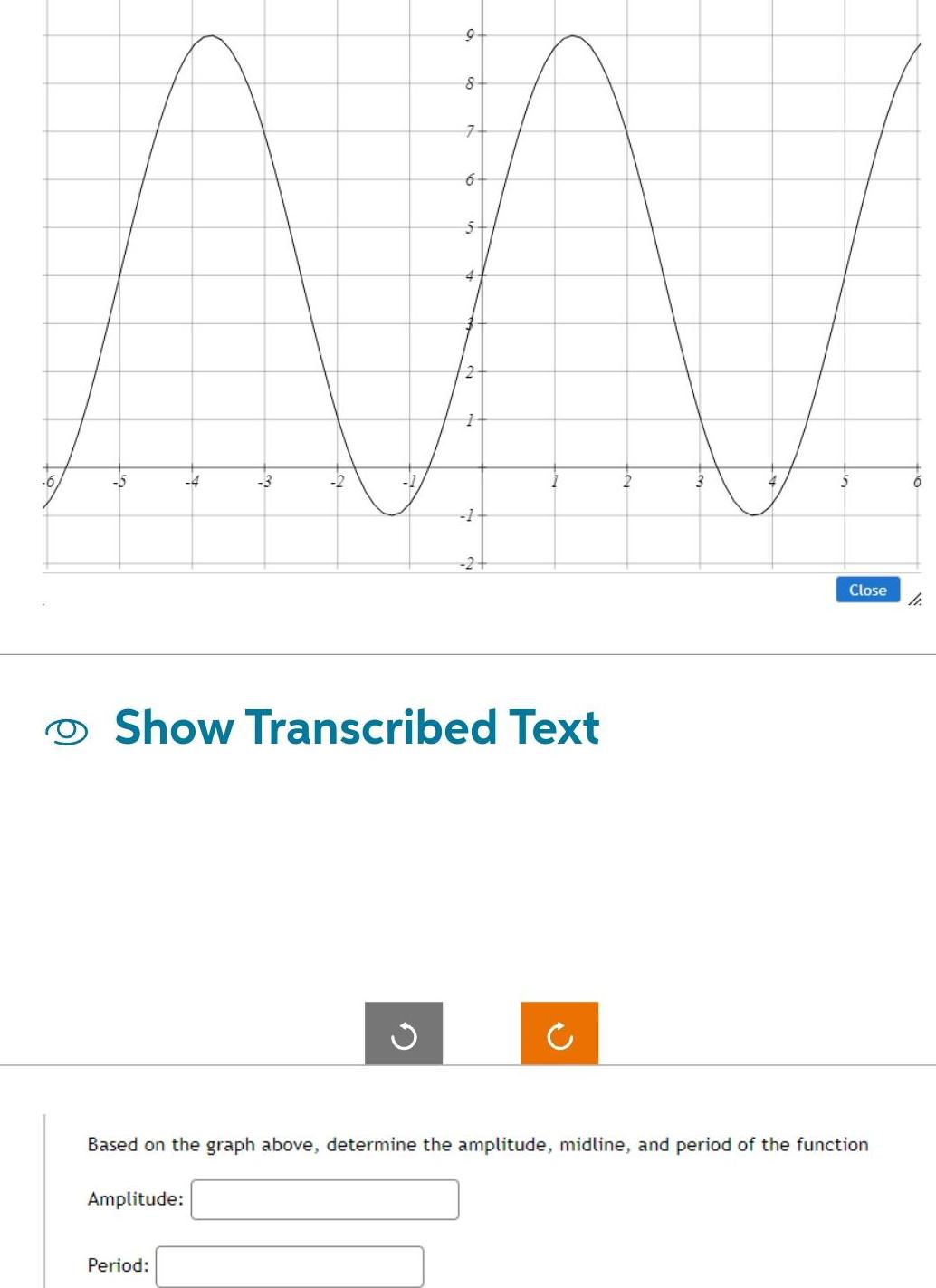 Amplitude 9 3 Period 8 7 6 5 4 Show Transcribed Text 1 24 4 Based on the graph above determine the amplitude midline and period of the function Close 4