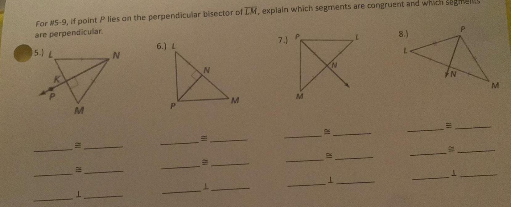 For 5 9 if point P lies on the perpendicular bisector of LM explain which segments are congruent and which segmen are perpendicular 5 L M 201 211 N 6 L 211 211 M 7 P M 211 N 211 T 8 L N 211 211 P M