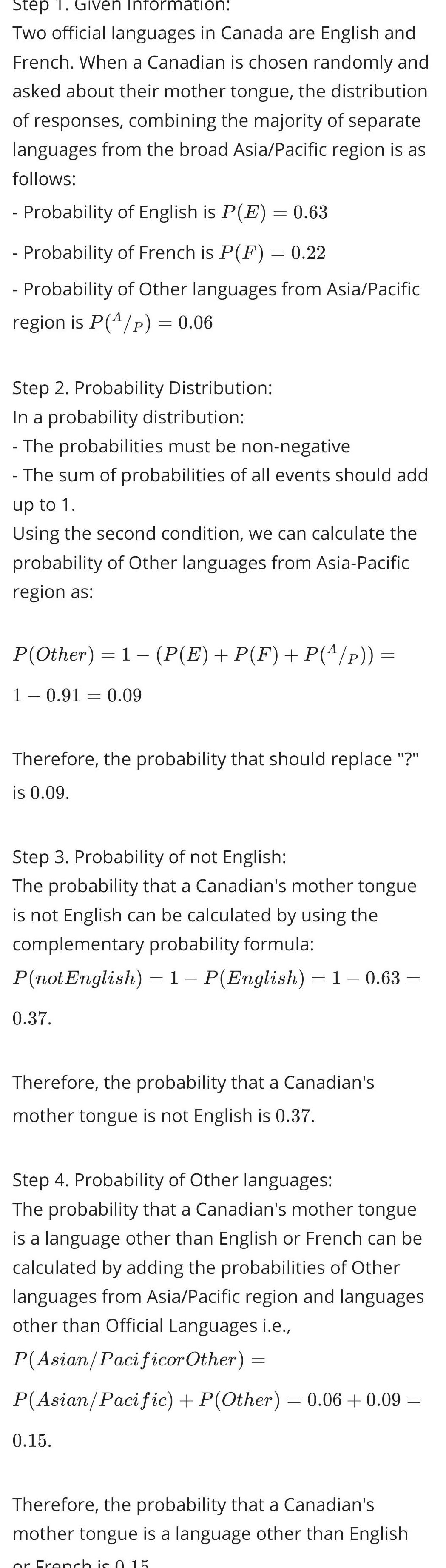 Step 1 Given Information Two official languages in Canada are English and French When a Canadian is chosen randomly and asked about their mother tongue the distribution of responses combining the majority of separate languages from the broad Asia Pacific region is as follows Probability of English is P E 0 63 Probability of French is P F Probability of Other languages from Asia Pacific region is P A p 0 06 Step 2 Probability Distribution In a probability distribution The probabilities must be non negative The sum of probabilities of all events should add up to 1 Using the second condition we can calculate the probability of Other languages from Asia Pacific region as P Other 1 P E P F P A p 10 91 0 09 0 22 Therefore the probability that should replace is 0 09 0 37 Step 3 Probability of not English The probability that a Canadian s mother tongue is not English can be calculated by using the complementary probability formula P notEnglish 1 P English 1 0 63 Therefore the probability that a Canadian s mother tongue is not English is 0 37 0 15 Step 4 Probability of Other languages The probability that a Canadian s mother tongue is a language other than English or French can be calculated by adding the probabilities of Other languages from Asia Pacific region and languages other than Official Languages i e P Asian Pacificor Other P Asian Pacific P Other 0 06 0 09 Therefore the probability that a Canadian s mother tongue is a language other than English or French is 0 15