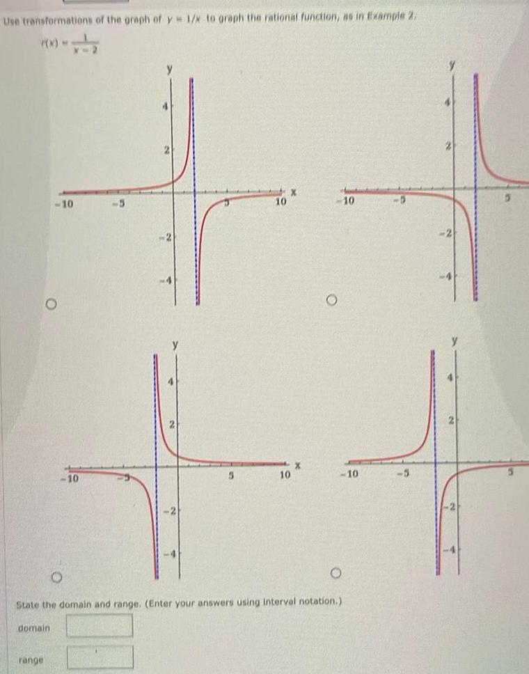 Use transformations of the graph of y 1 x to graph the rational function as in Example 2 domain 10 range 10 5 5 10 X 10 X 10 State the domain and range Enter your answers using interval notation 10 5 5 2