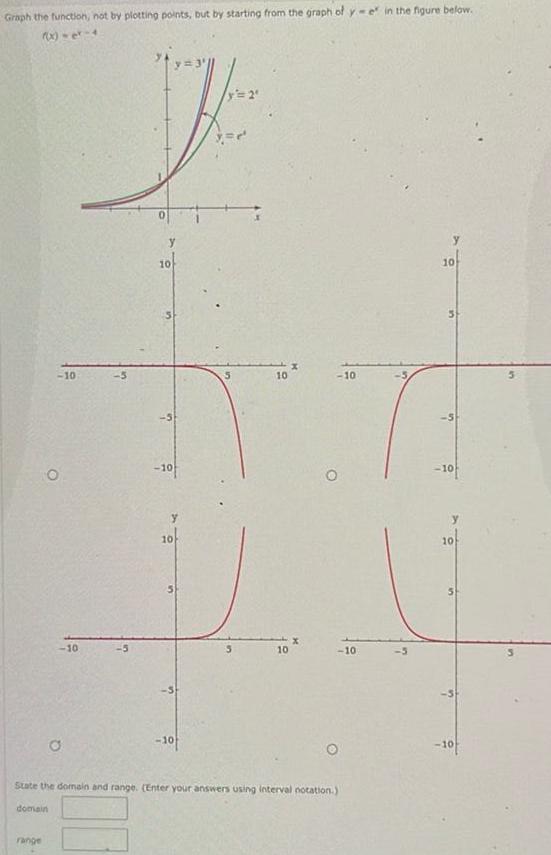 Graph the function not by plotting points but by starting from the graph of y e in the figure below 10 range O 10 O y 10 10 y 10 10 y 2 10 10 X 10 O 10 State the domain and range Enter your answers using interval notation domain y 10 10 10 10